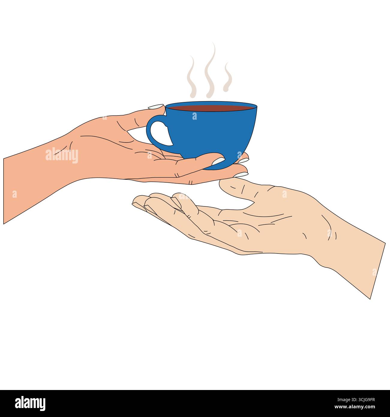 Illustration of one hand offering a steaming blue cup of coffee to another hand, symbolizing warmth, care, and human connection. Stock Vector