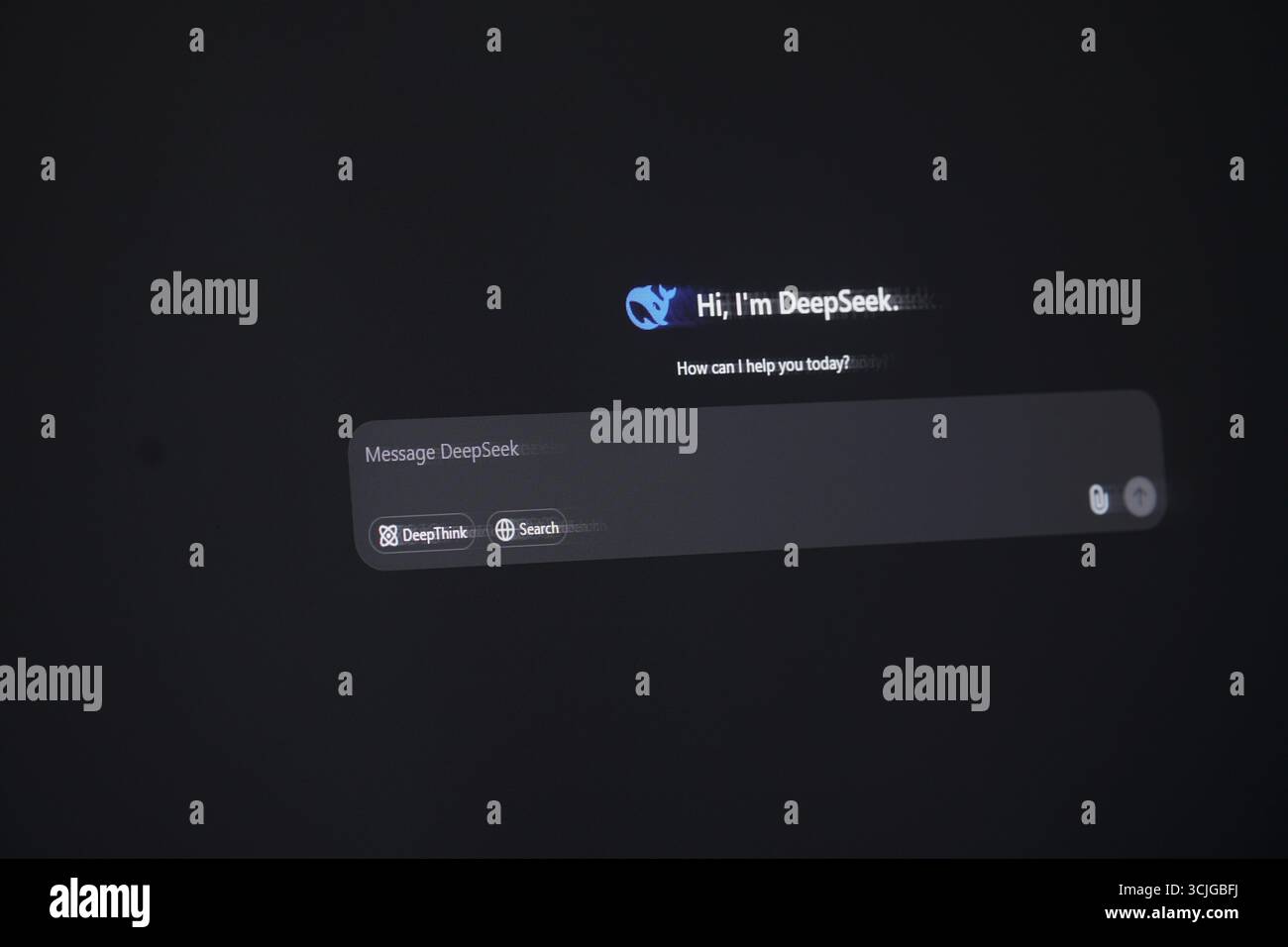DeepSeek Ai chat interface with a dark theme and a text input field Stock Photo