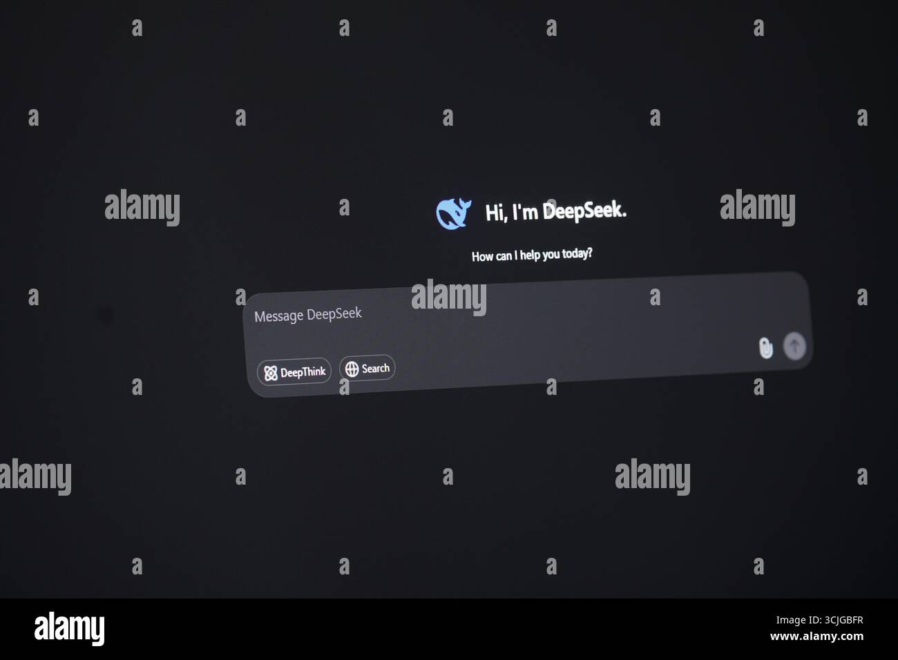 Dark themed digital interface with a chat assistant and text input Stock Photo