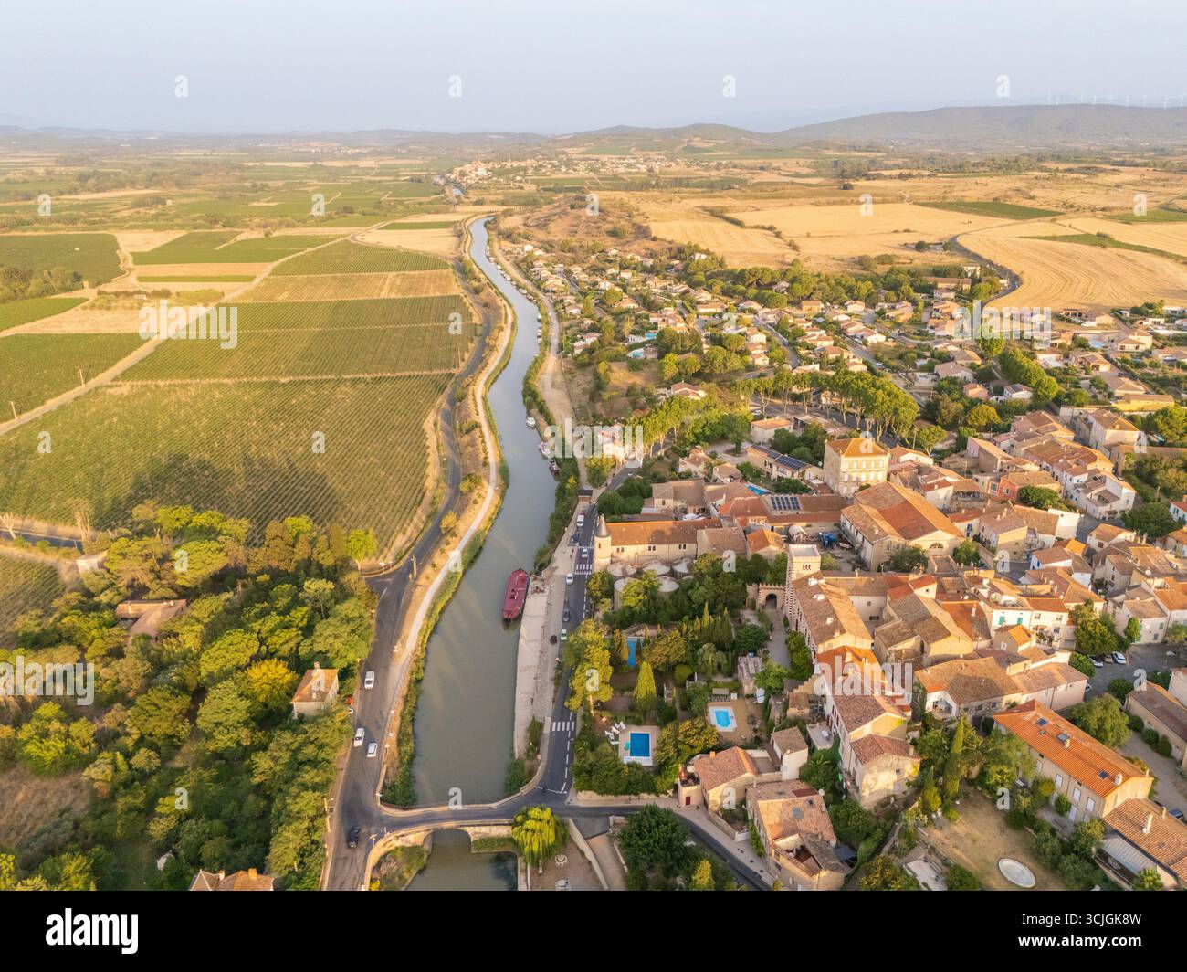 Aerial view of Ventenac-En-Minervois, Occitanie, France, in summer, early morning, near the Canal du Midi Stock Photo