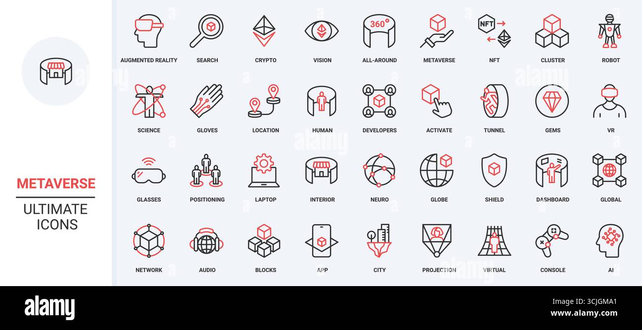 Metaverse, AI infrastructure and virtual reality experience for game, science of future line icon set. NFT, server algorithm and developers thin black and red outline symbols vector illustration Stock Vector