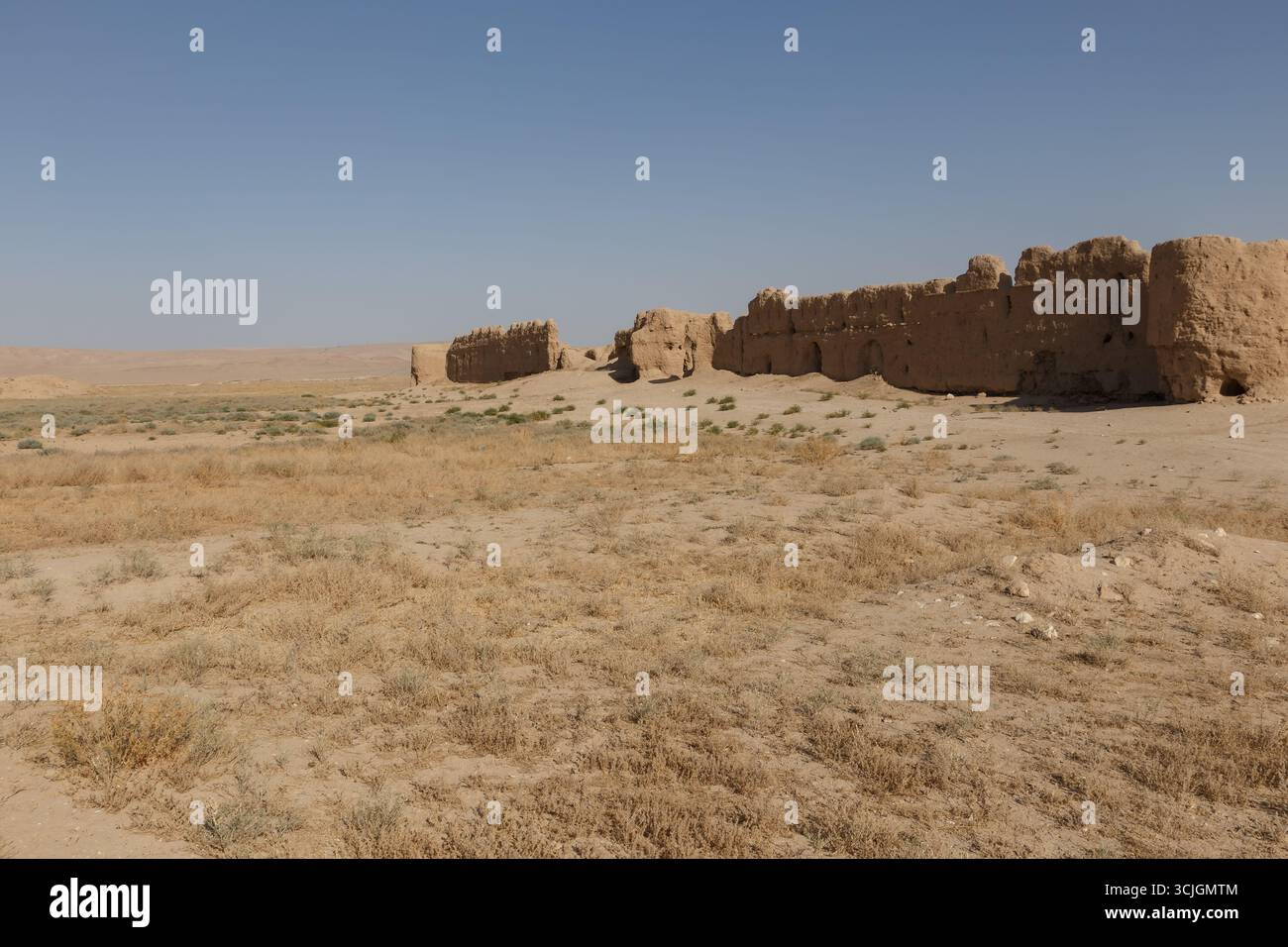 The ruins of an ancient mud brick fortress wall stretch across the arid ...