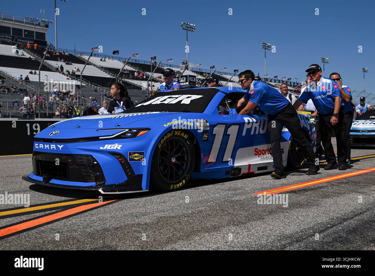 Madison I'll Raceway Denny Hamlin's car is rolled to the starting grid prior to a NASCAR Cup ...