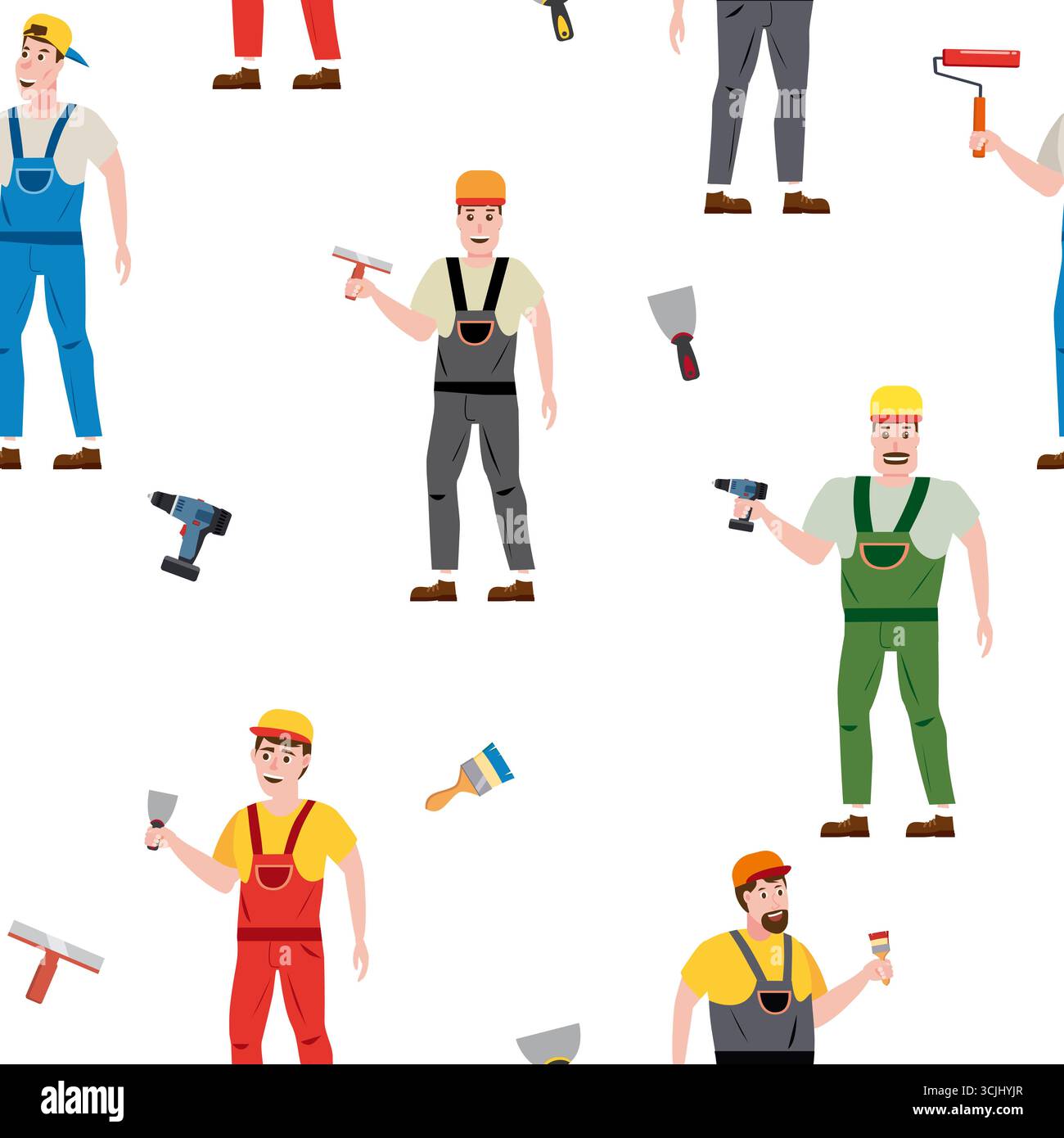 Seamless pattern construction workers uniforms repair on construction site Stock Vector