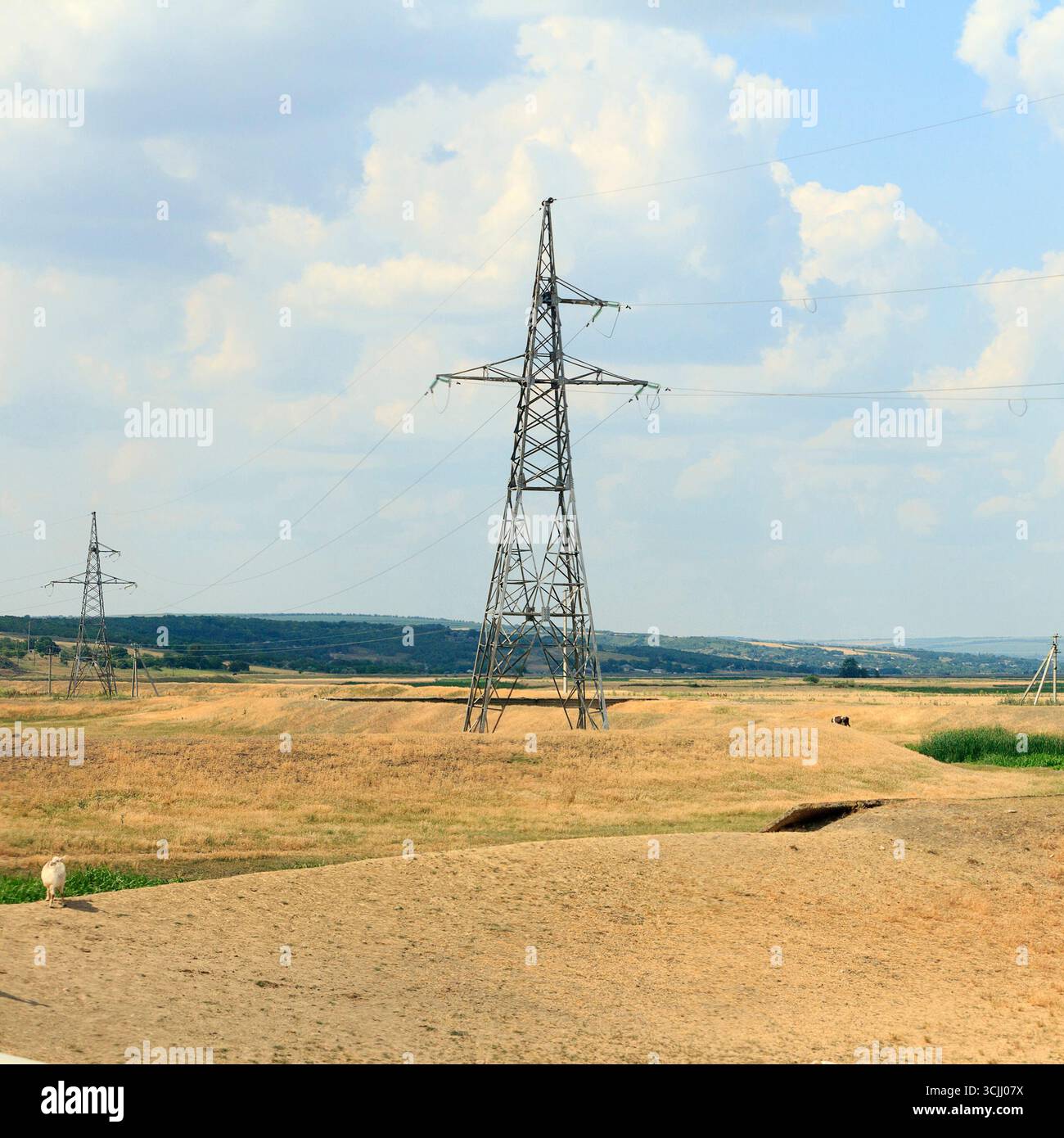A dry landscape with power lines stretching across the horizon. Sparse ...