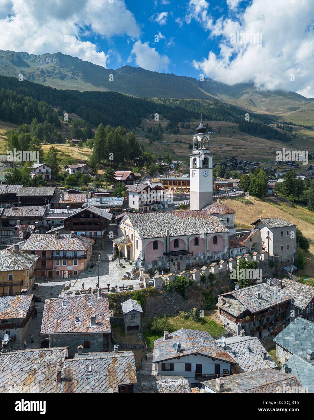 Aerial view of Antagnod, a typical alpine village in Ayas Valley ...