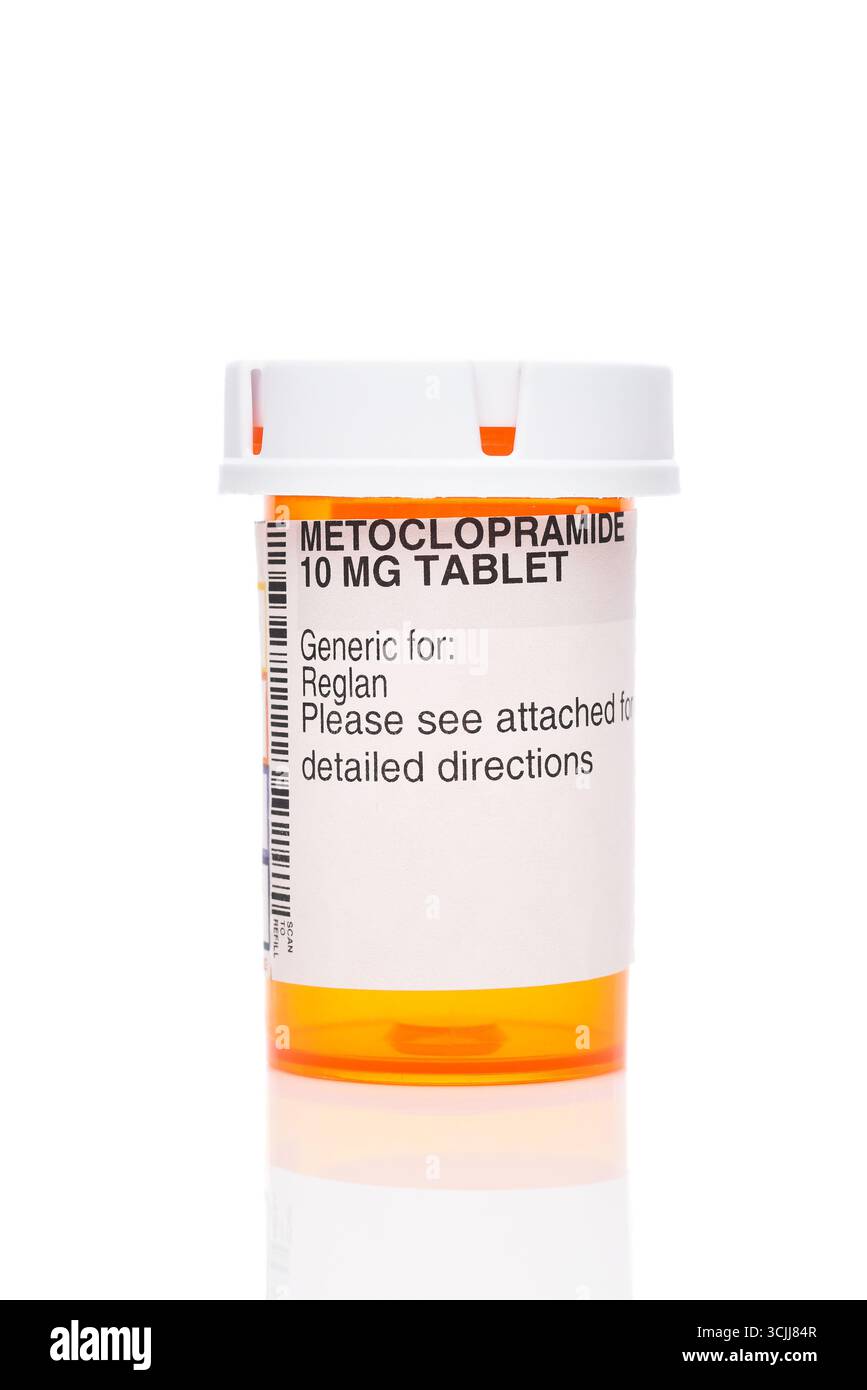IRVINE, CALIFORNIA - 04 SEPT 2025: A prescription bottle of Metocolpramide 10mg tablets, a generic for Reglan for nausea. Stock Photo