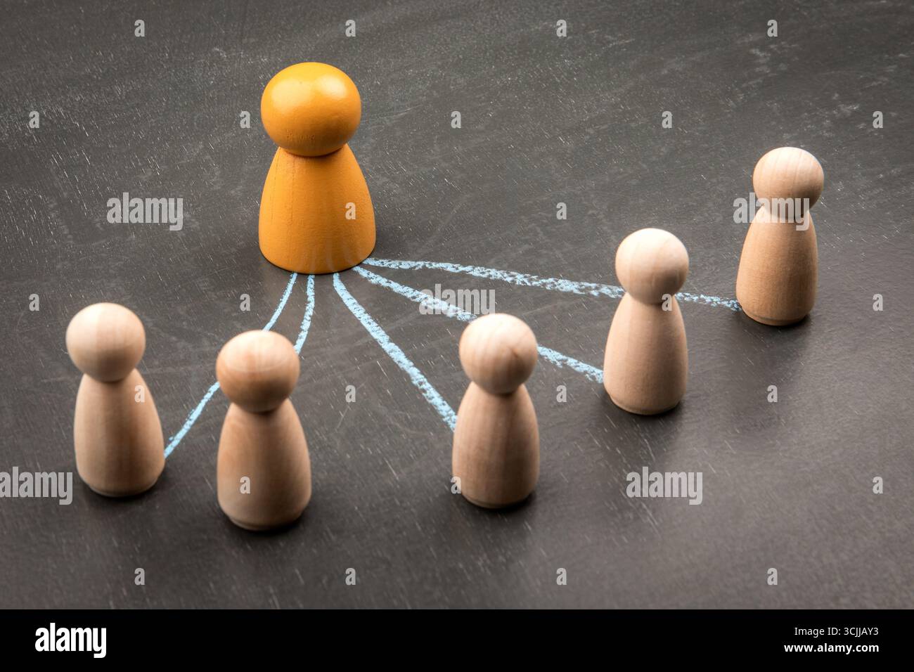 Conceptual image showing Centralized Communication or Leadership direction with chalk arrows drawn from individual team members to one central yellow figure. Stock Photo