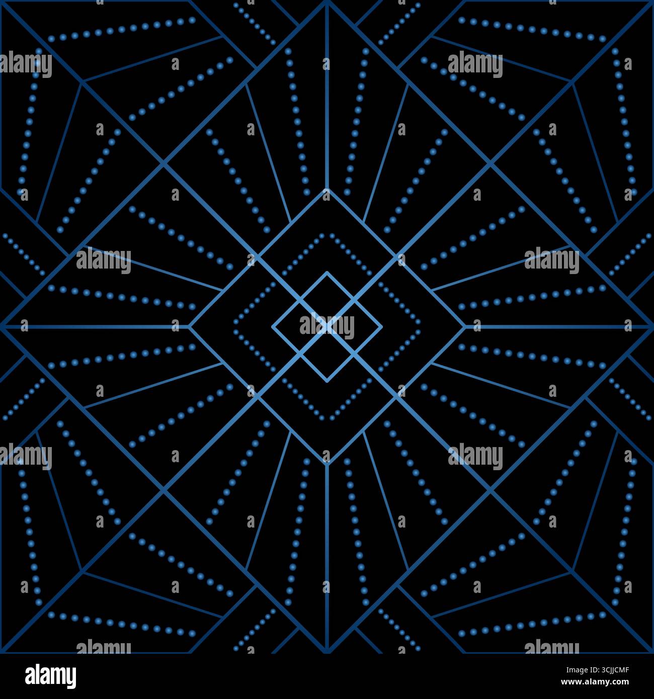 Seamless geometric pattern from lines and dots. Vector decorative square diagonal ornament. Blue gradient pattern on black background. Strict monochro Stock Vector