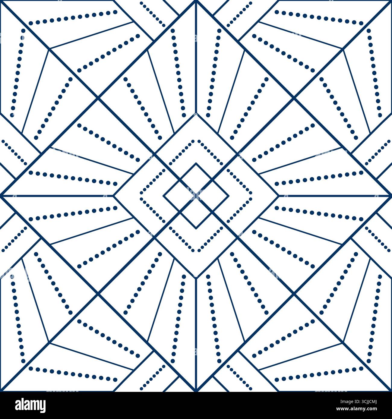 Seamless geometric pattern from lines and dots. Vector decorative square diagonal ornament. Blue pattern on white background. Strict monochrome design Stock Vector
