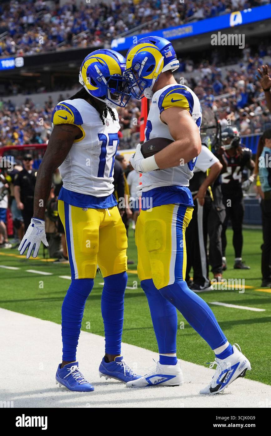 Los Angeles Rams tight end Davis Allen, right, celebrates with wide ...