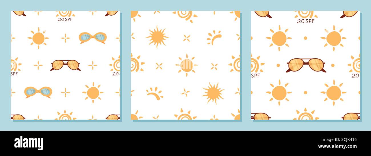Summer Sun Seamless Pattern Set Cartoon Stock Vector