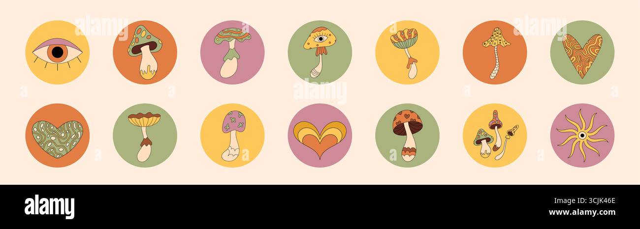 Groovy Retro Set Of Colorful Mushroom Stickers Sticker Stock Vector