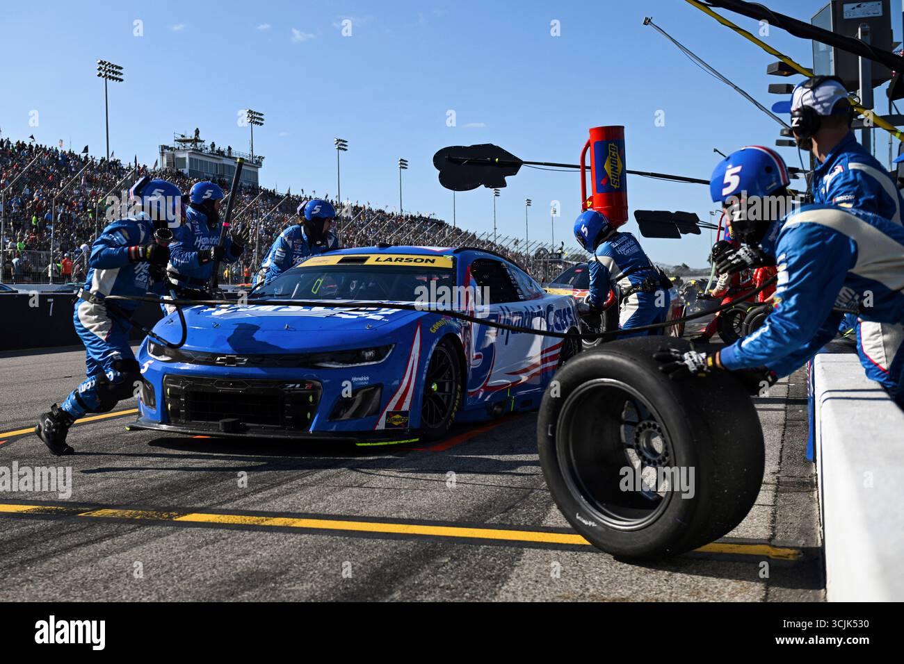 Madison I'll Raceway Kyle Larson pits during a NASCAR Cup Series auto race at World Wide ...