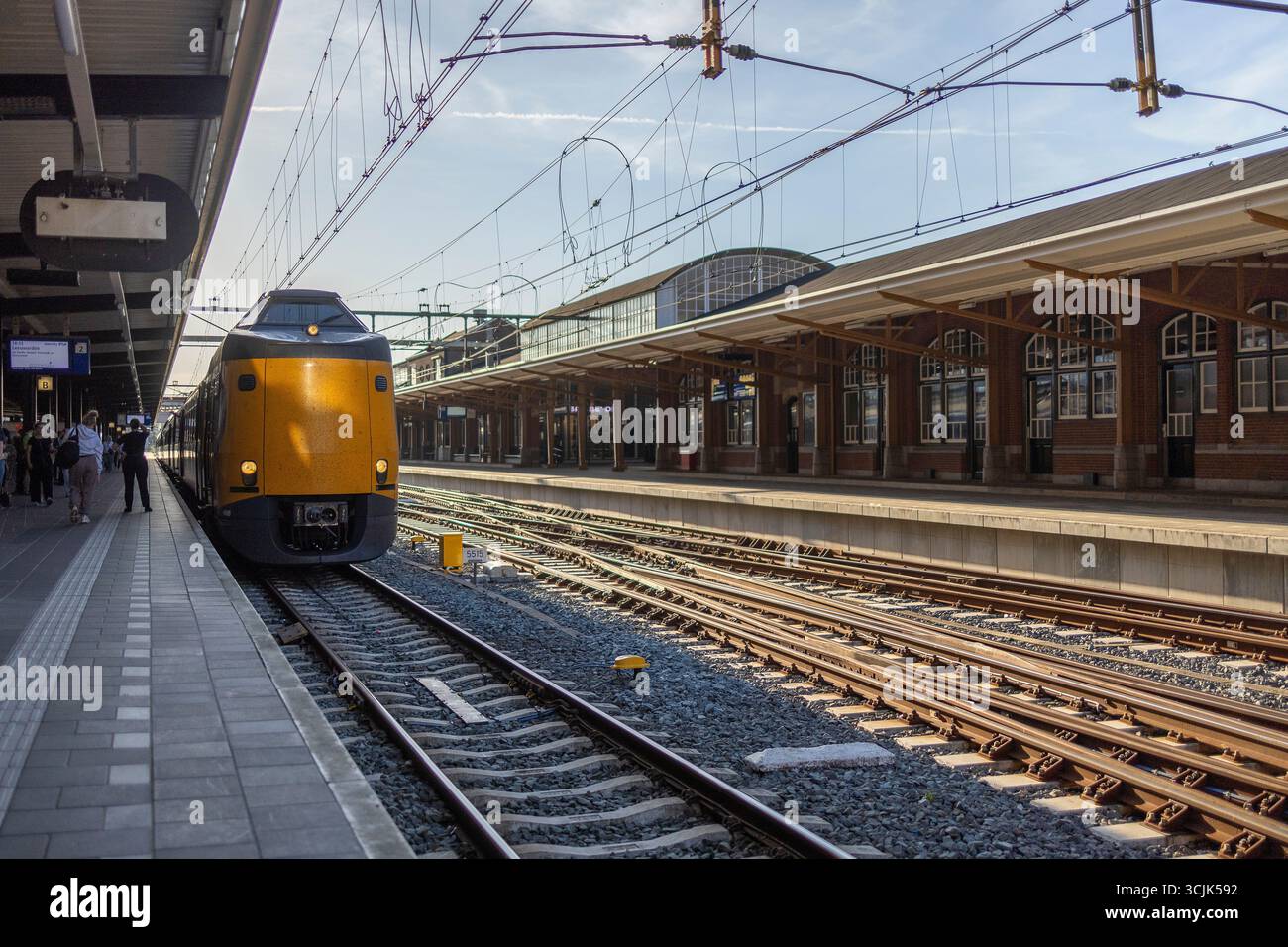 Dutch national railway train with typical yellow on Prorail tracks seen ...