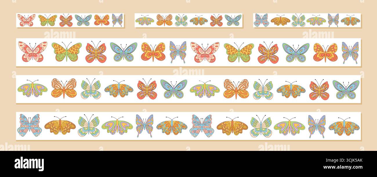 Groovy Retro Seamless Border Butterfly Set Stock Vector