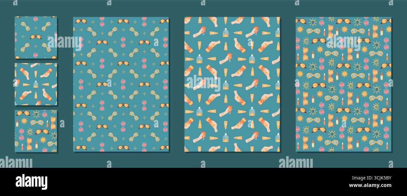 Cartoon Seamless Sunscreen Bottle Pattern Set Stock Vector