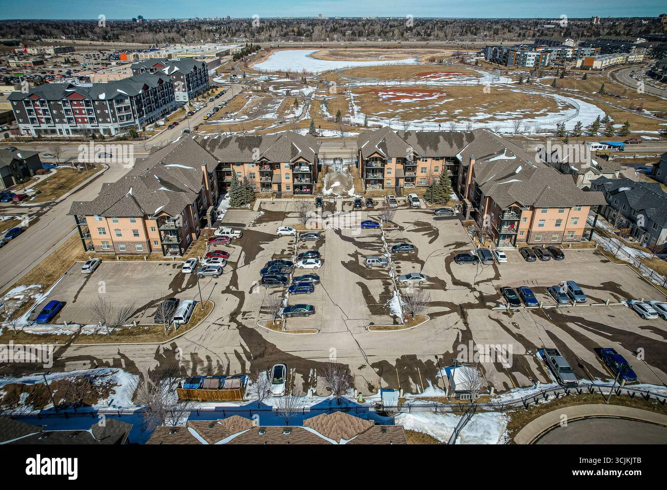Aerial view of Stonebridge which is a mostly residential neighbourhood located in south-central Saskatoon, Saskatchewan, Canada. It is a suburban subd Stock Photo