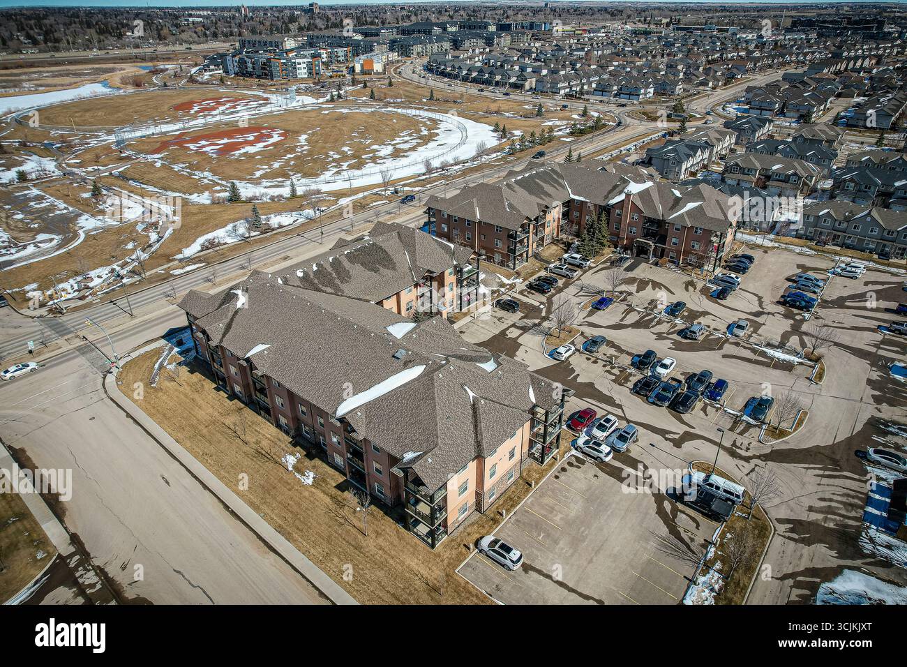 Aerial view of Stonebridge which is a mostly residential neighbourhood located in south-central Saskatoon, Saskatchewan, Canada. It is a suburban subd Stock Photo