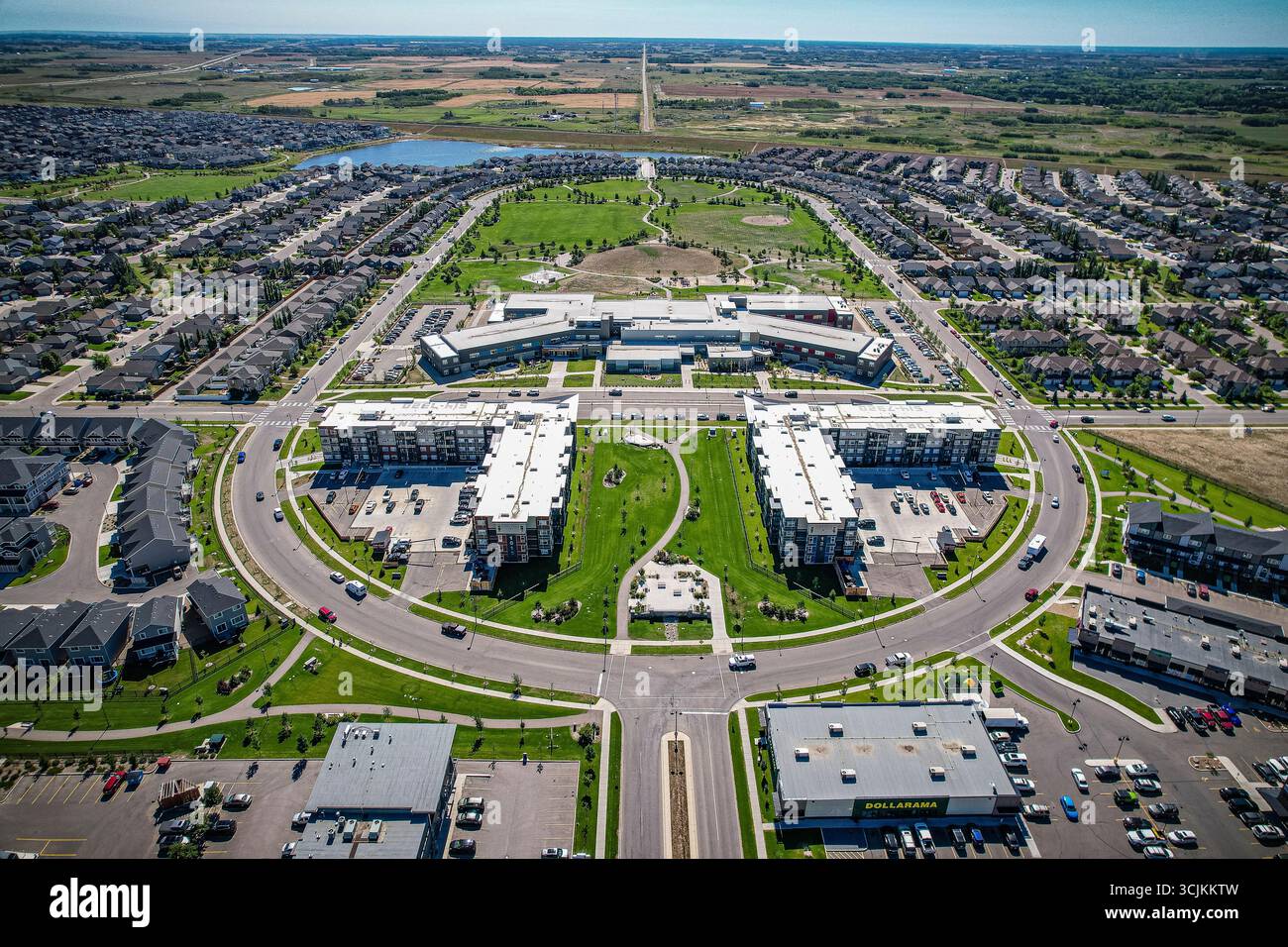 Aerial view of Stonebridge which is a mostly residential neighbourhood located in south-central Saskatoon, Saskatchewan, Canada. It is a suburban subd Stock Photo