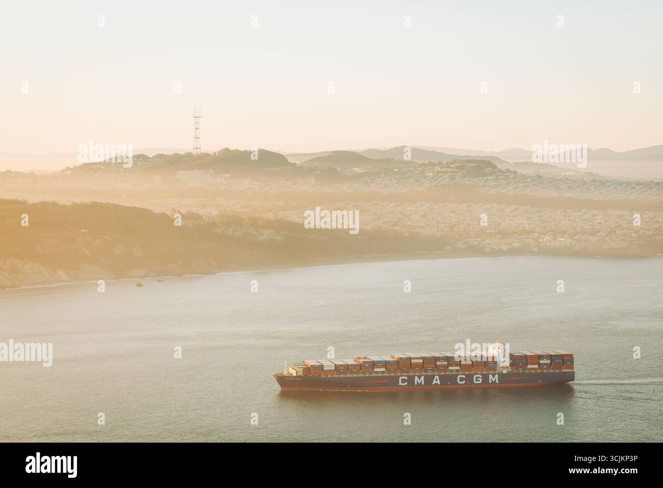 A ship entering the San Francisco Bay, from Hawk Hill, in the Marin Headlands, California Stock Photo