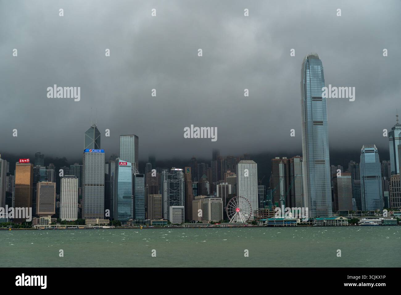 A general views showing Victoria harbor and the central skyline during  Typhoon Tapah on September 8, 2025 in Hong Kong. Typhoon Tapah passed  through Hong Kong today with the Hong Kong observatory