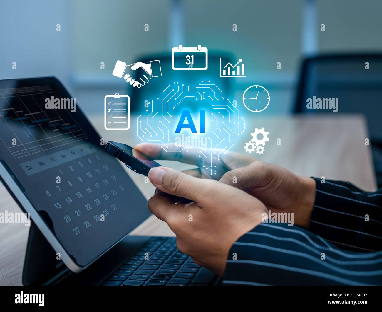 AI reminder concept with digital brain icon on smartphone screen, artificial intelligence assistant tool for productivity, smart scheduling, time mana Stock Photo