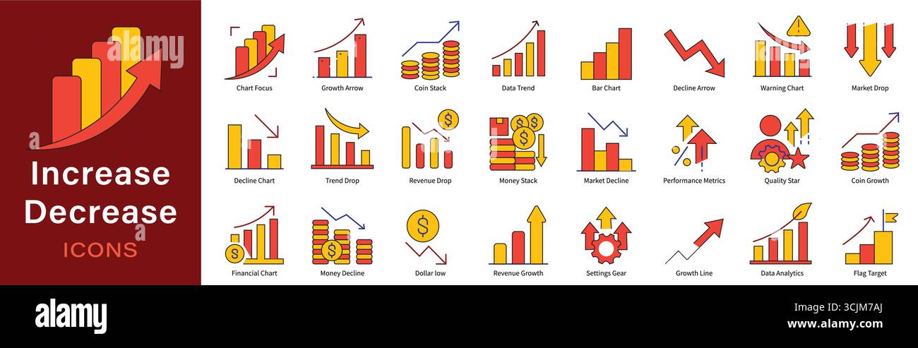 Increase Decrease Icon Set - Business Growth Analytics, Up Down Arrows, Charts and Performance Statistics Vector Icons Collection Stock Vector
