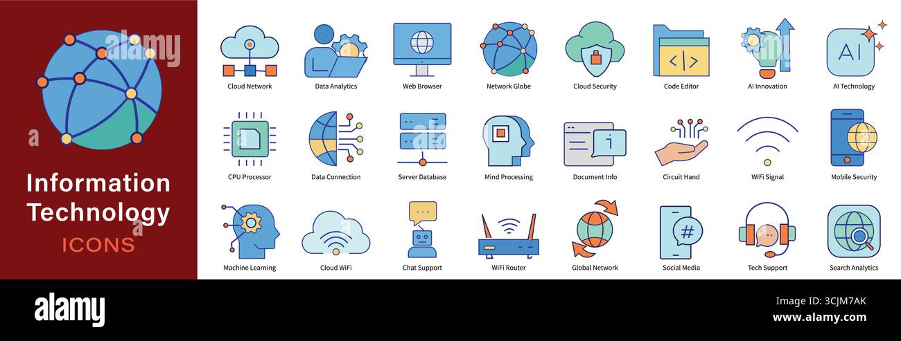 Information Technology Icons Pack – 24 Editable Symbols for Networking, AI, Cloud, Security and Software Stock Vector