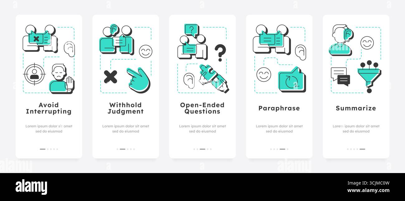 Active listening techniques mobile app onboarding screens Stock Vector