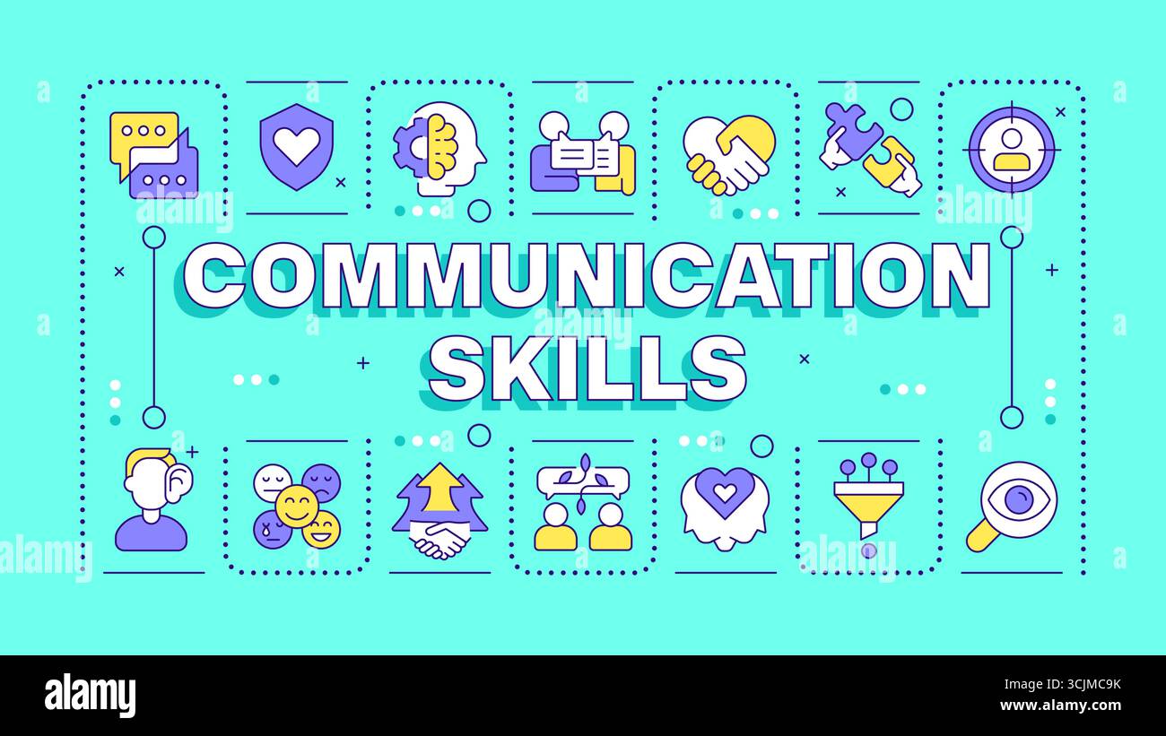 Communication skills turquoise word concept Stock Vector