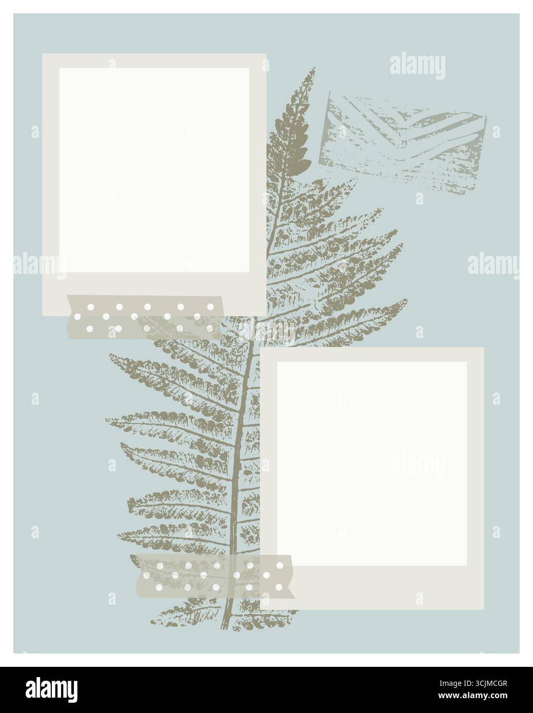 Vintage collage photo book with botanical print, photo frames, Lorem ipsum text, scrapbooking. Postage stamp imitation. Vector illustration Stock Vector