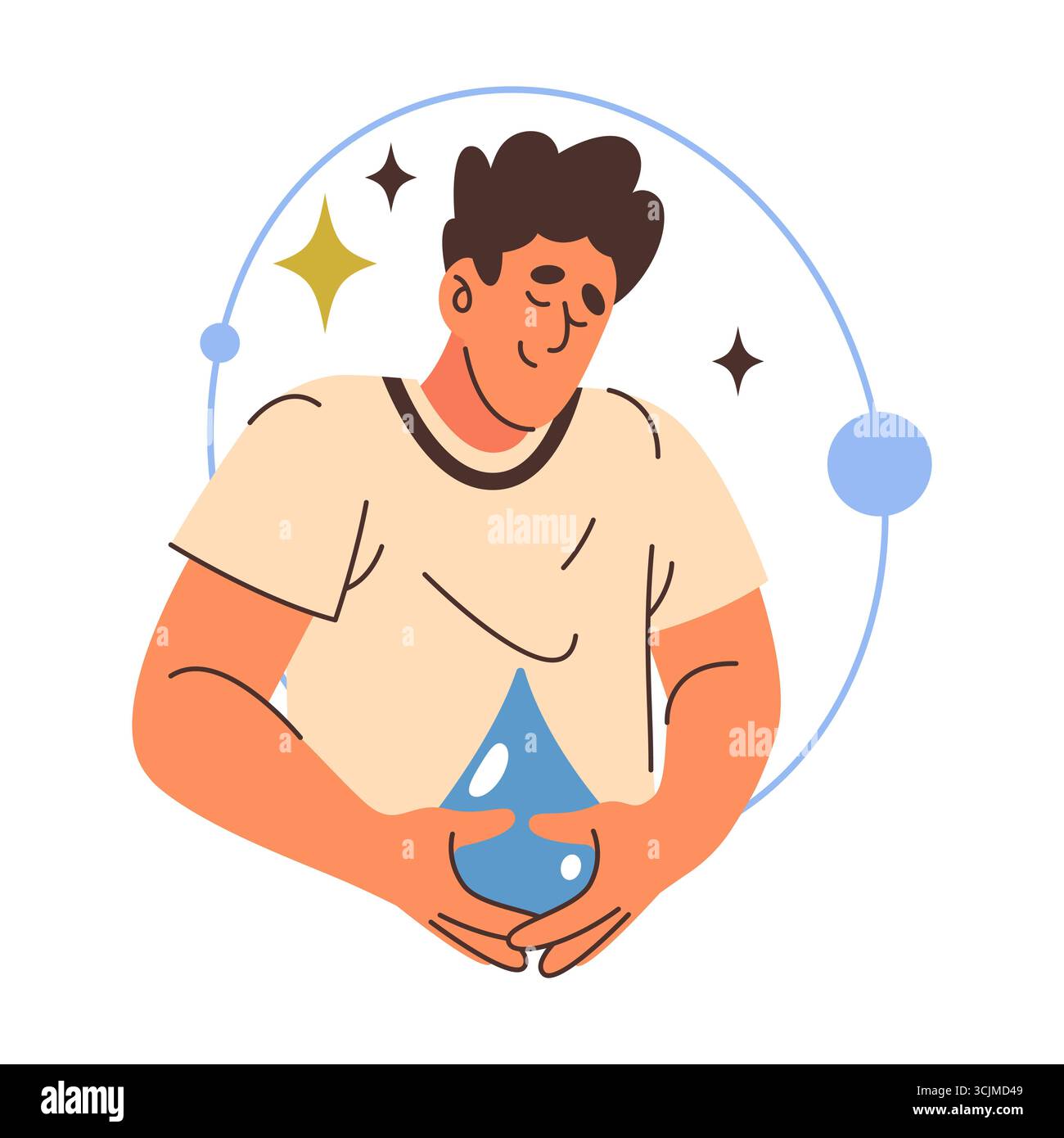 Water care sign with man hold liquid drop. Vector fluid purity and ...