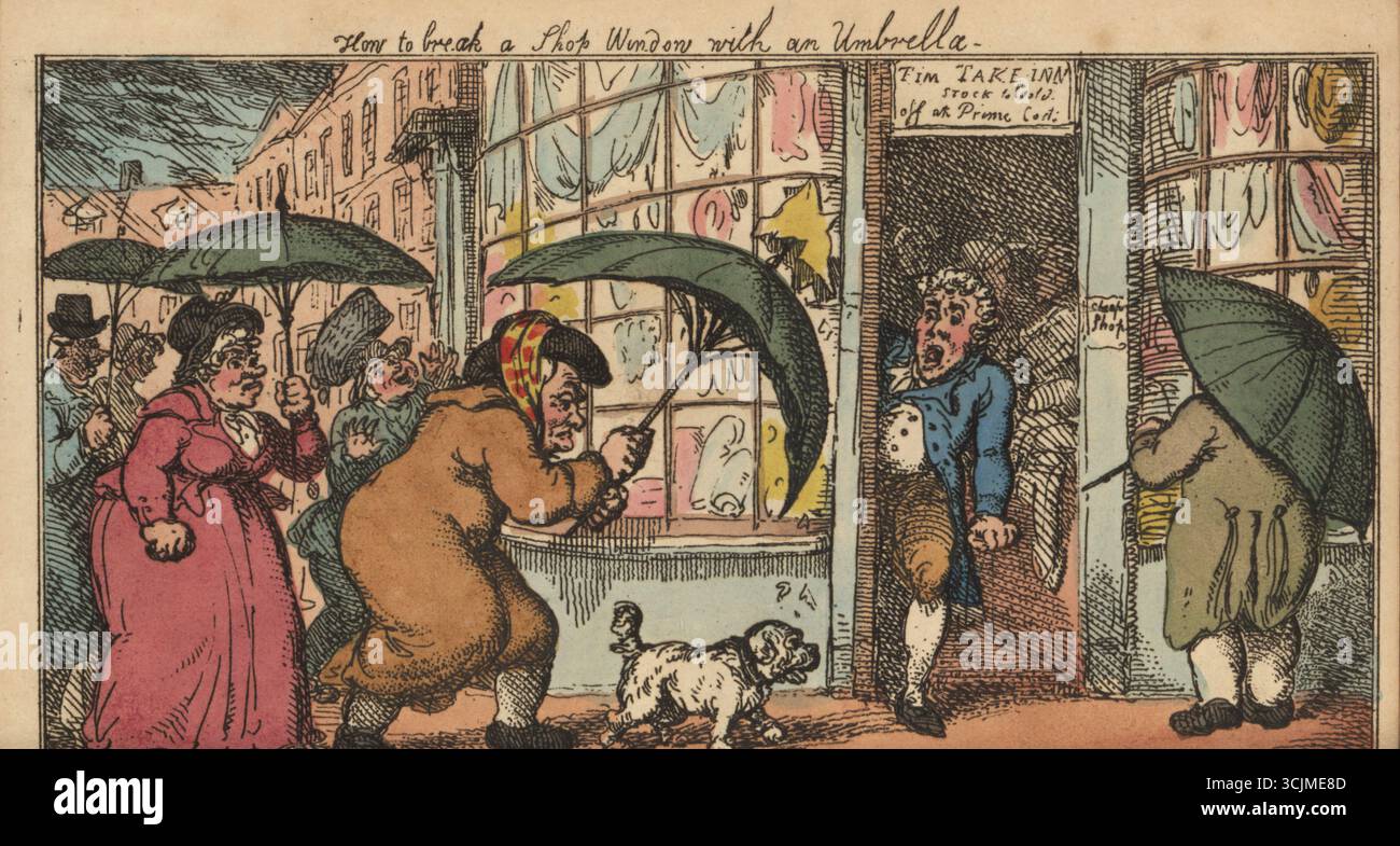 Regency man in hat and coat breaking a shop window with his umbrella in London The shop owner watches in horror from the door to Time Take-Inn, Stock Sold off at Prime Cost. Other men and women hold umbrellas in the rain. How to break a Shop Window with an umbrella. Handcoloured copperplate engraving by Thomas Rowlandson after an illustration by George Moutard Woodward from Chesterfield Travestie, or School for Modern Manners, Thomas Tegg, London, 1808. Stock Photo