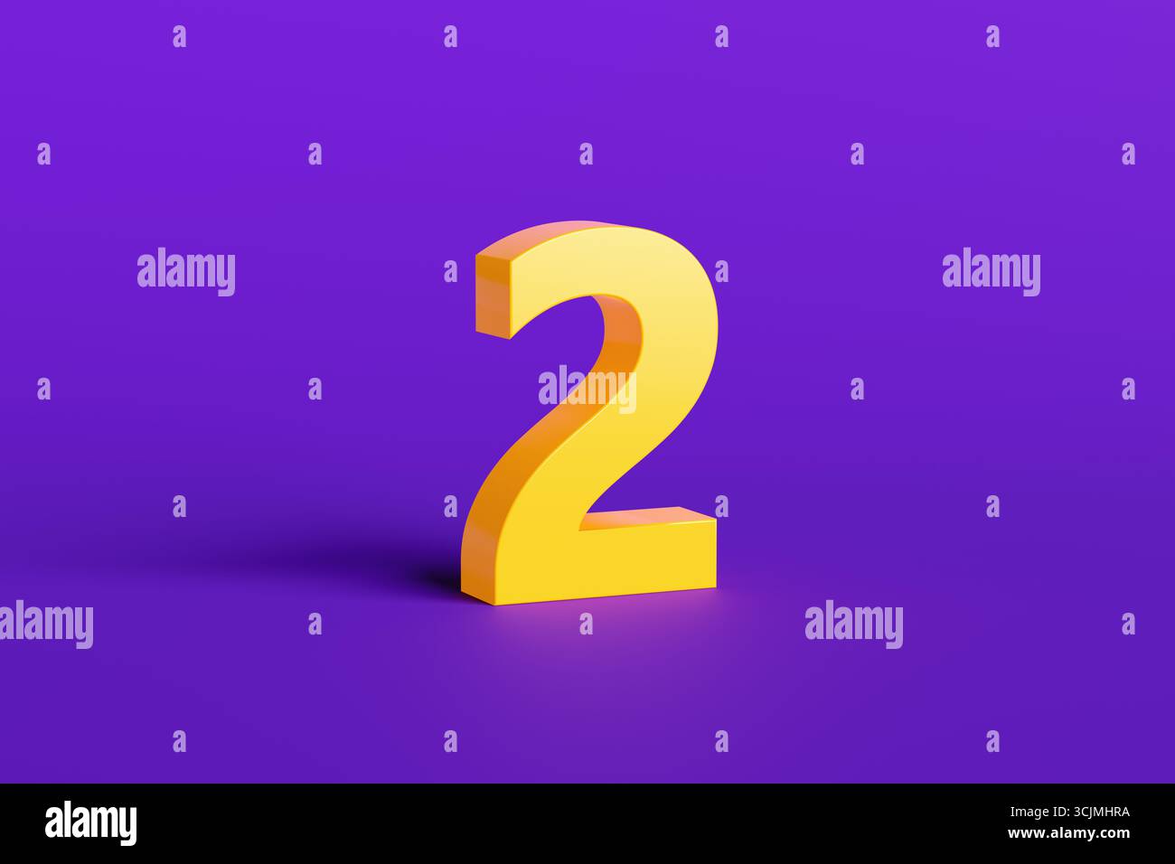 Number TWO 2 purple font yellow outlined 3D rendering illustration