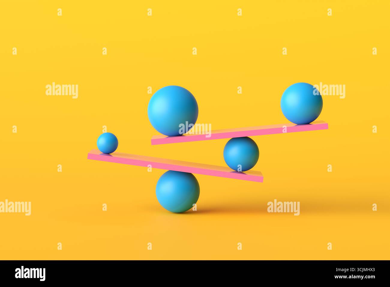 Blue spheres balancing on pink planks on a yellow background ...