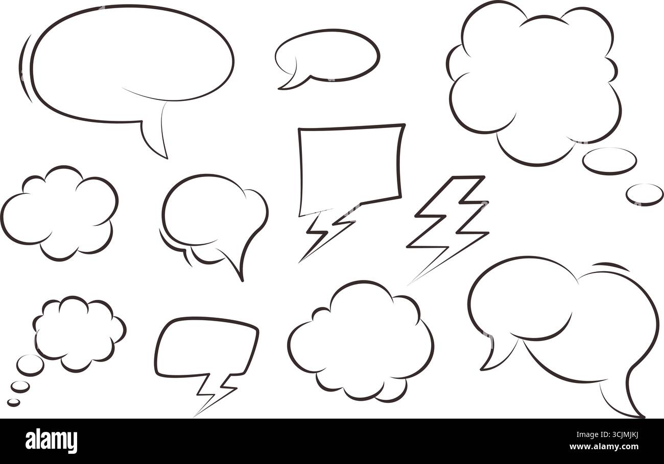 Comic speech bubbles, hand drawn doodle set. Empty different shapes clouds and frames for text. Dialog boxes bunch, black outline, vector elements Stock Vector