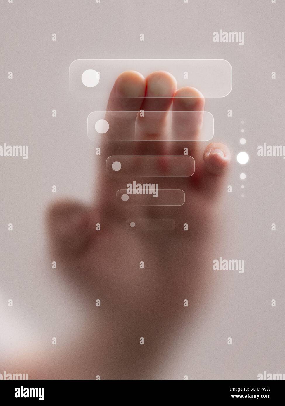 Creative artwork. Hand interacting with transparent futuristic interface for digital control Stock Photo