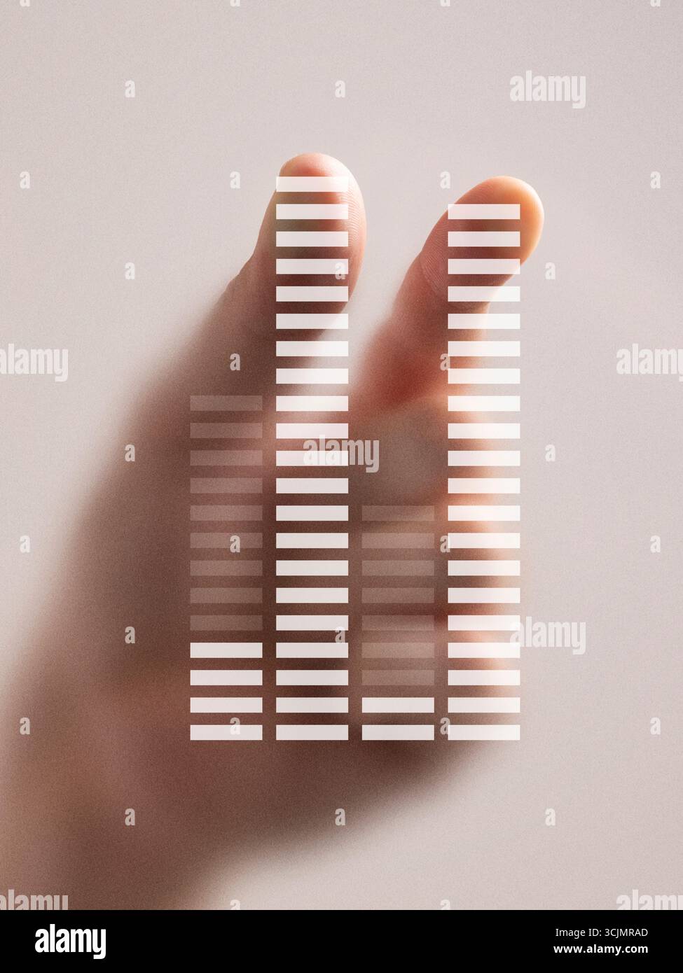 Creative composition. Hand with fingers behind futuristic equalizer bars in digital interface visualization Stock Photo