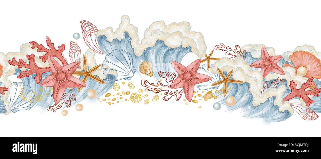 Sea Shell Line Border Seamless border with blue sea wave and seashell in watercolor style ...
