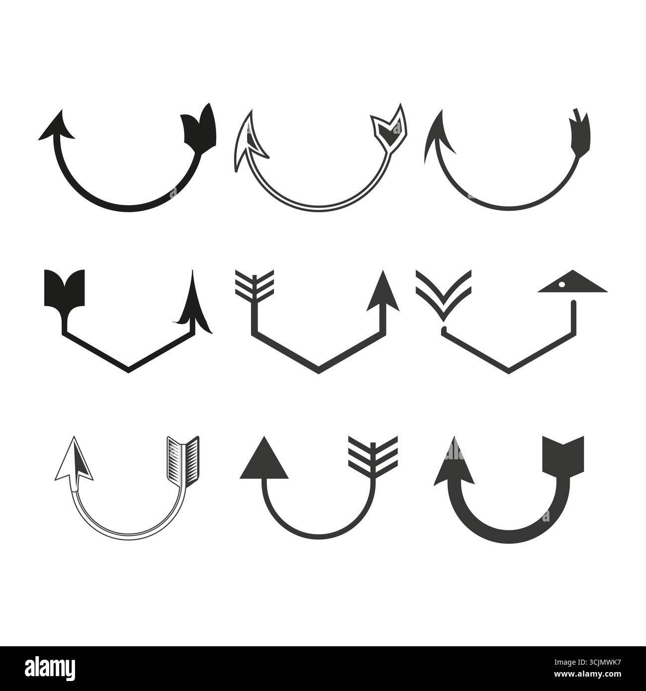 Directional arrow symbols. Black and white pointers. Vector navigation icons. Simple cursor elements. EPS 10. Stock Vector