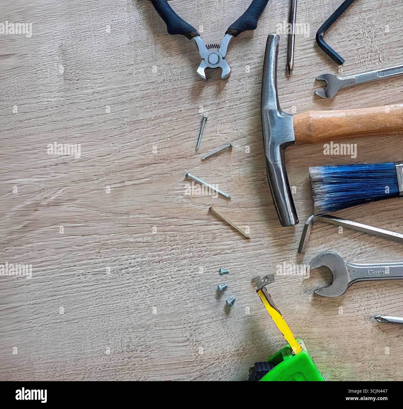 Various hand tools on wooden table. Stock Photo