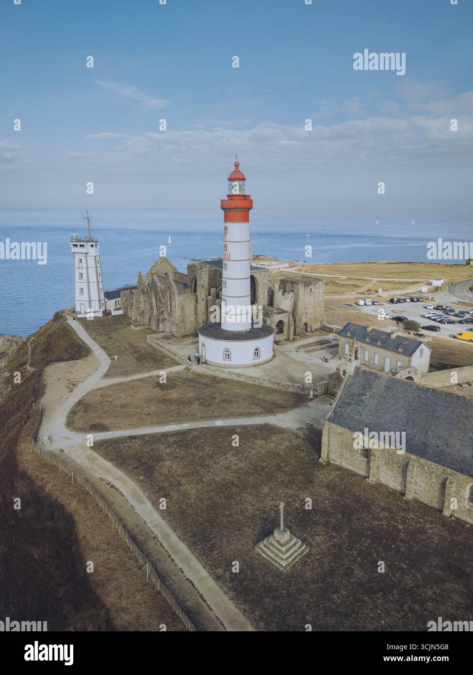 Aerial view of the majestic Saint-Mathieu Lighthouse, its red and white ...