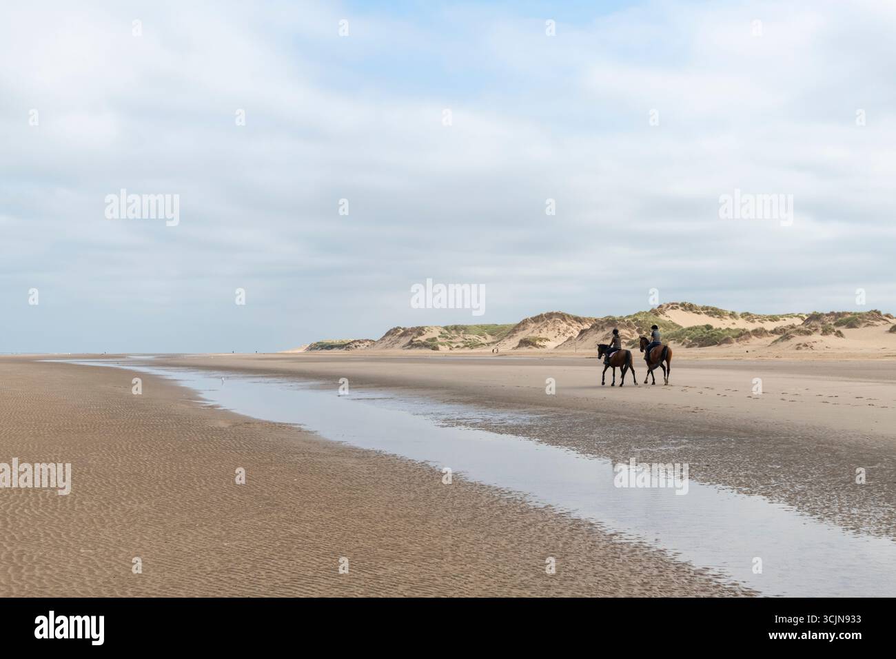Two women horse riders on the beach at Formby Point, Merseyside ...