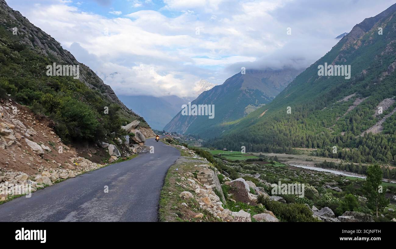 View of Chitkul Roads of Indo Tibetan Border,Known For the Last Village of India, Chitkul, Kinnaur, Himachal Pradesh, India. Stock Photo