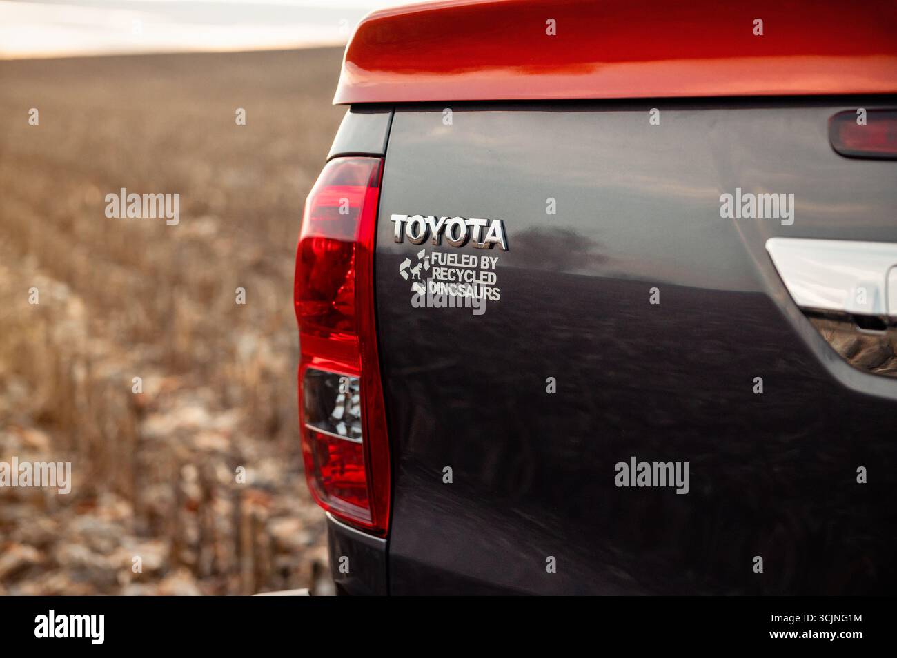 Tail light of Toyota pickup truck. Close up view of rear part of grey pickup truck: tail gate and orange bed cover. Stock Photo