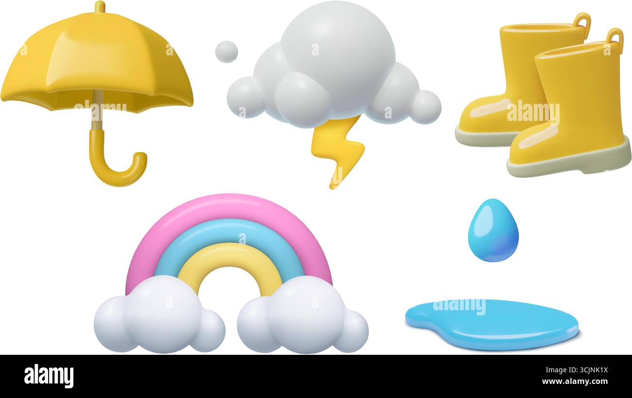 Rainy weather 3d icons set. Umbrella rubber boots rain puddle cloud ...