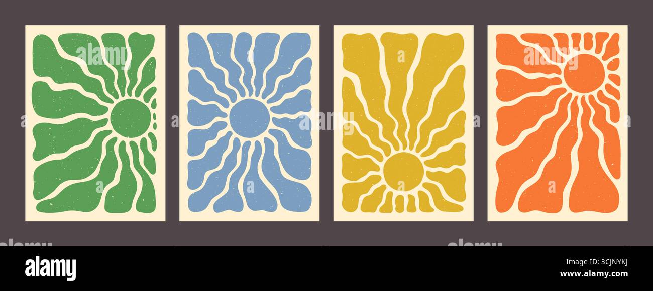Sun pattern retro poster backgrounds in green, blue, yellow, and orange with groovy abstract wave rays. Vintage summer sunshine design with textured Stock Vector