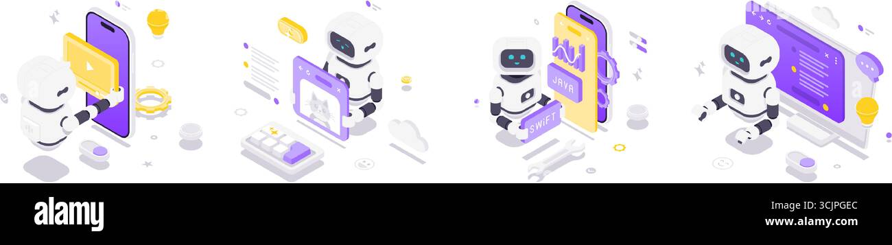 Isometric vector illustration of robots using artificial intelligence for video editing, image generation, app development, and AI communication in mo Stock Vector