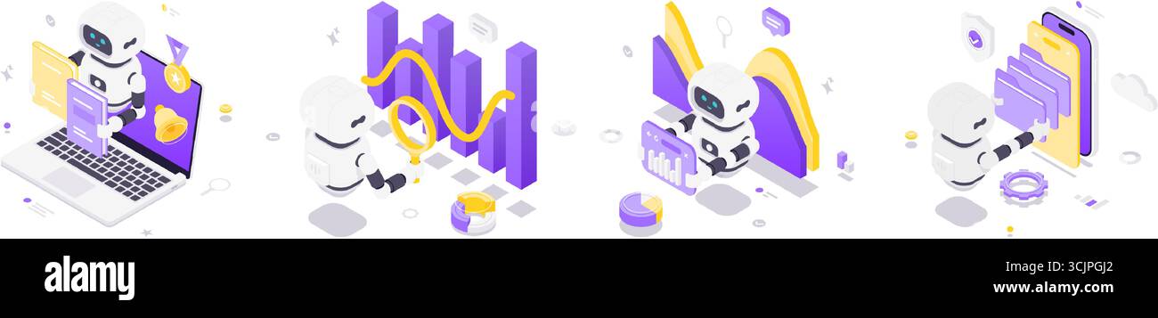 Isometric vector illustration of robots using artificial intelligence for data analysis, education, presentation, and secure information storage in mo Stock Vector
